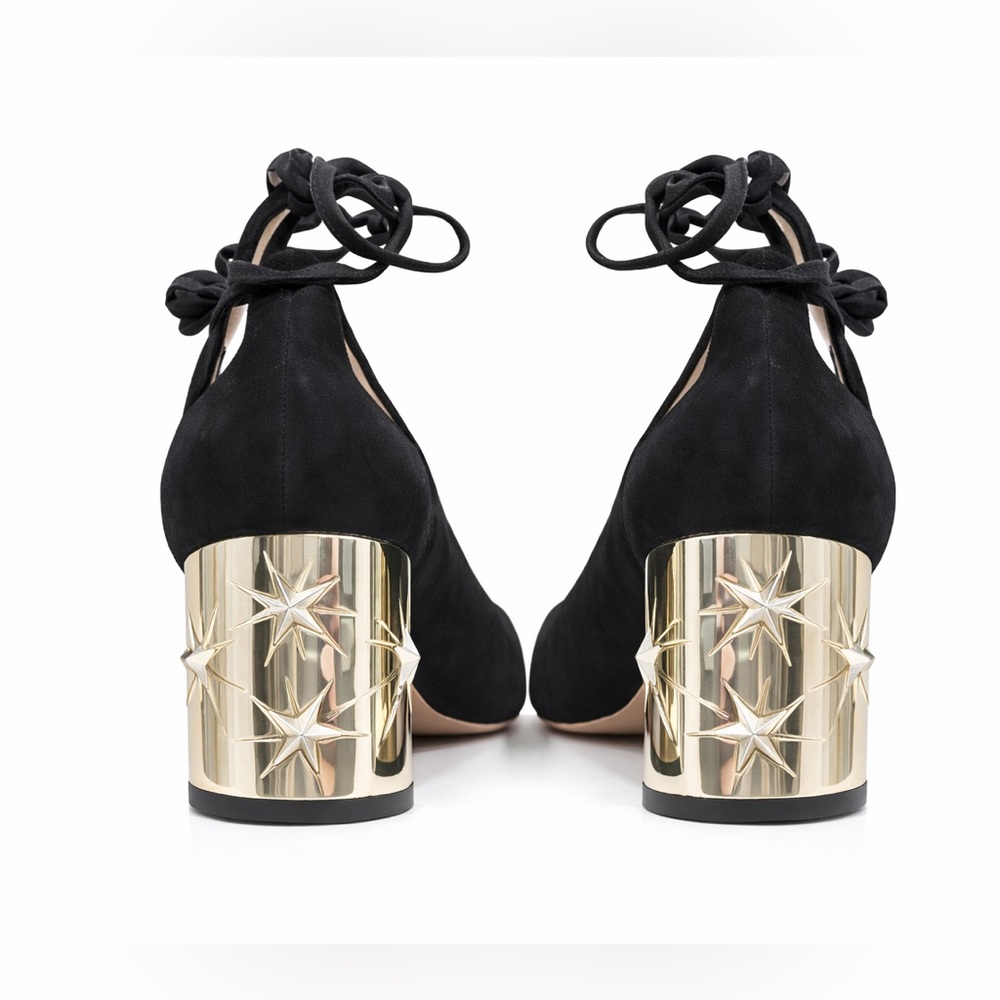 Aquazzura Black Suede Ankle-Tie Block Heels with Gold Embellished Heel - Picture 4 of 13